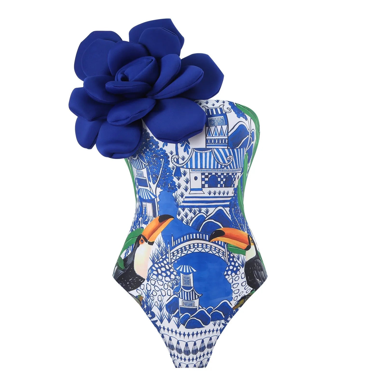 Women's blue printed one-piece swimsuit with a matching sheer gauze skirt cover-up.