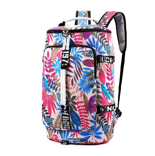 Waterproof nylon gym backpack showing three carrying options and separate shoe compartment