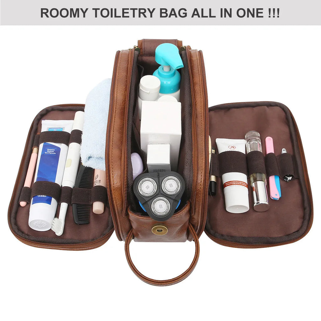 Men's black PU leather toiletry bag with multiple compartments open