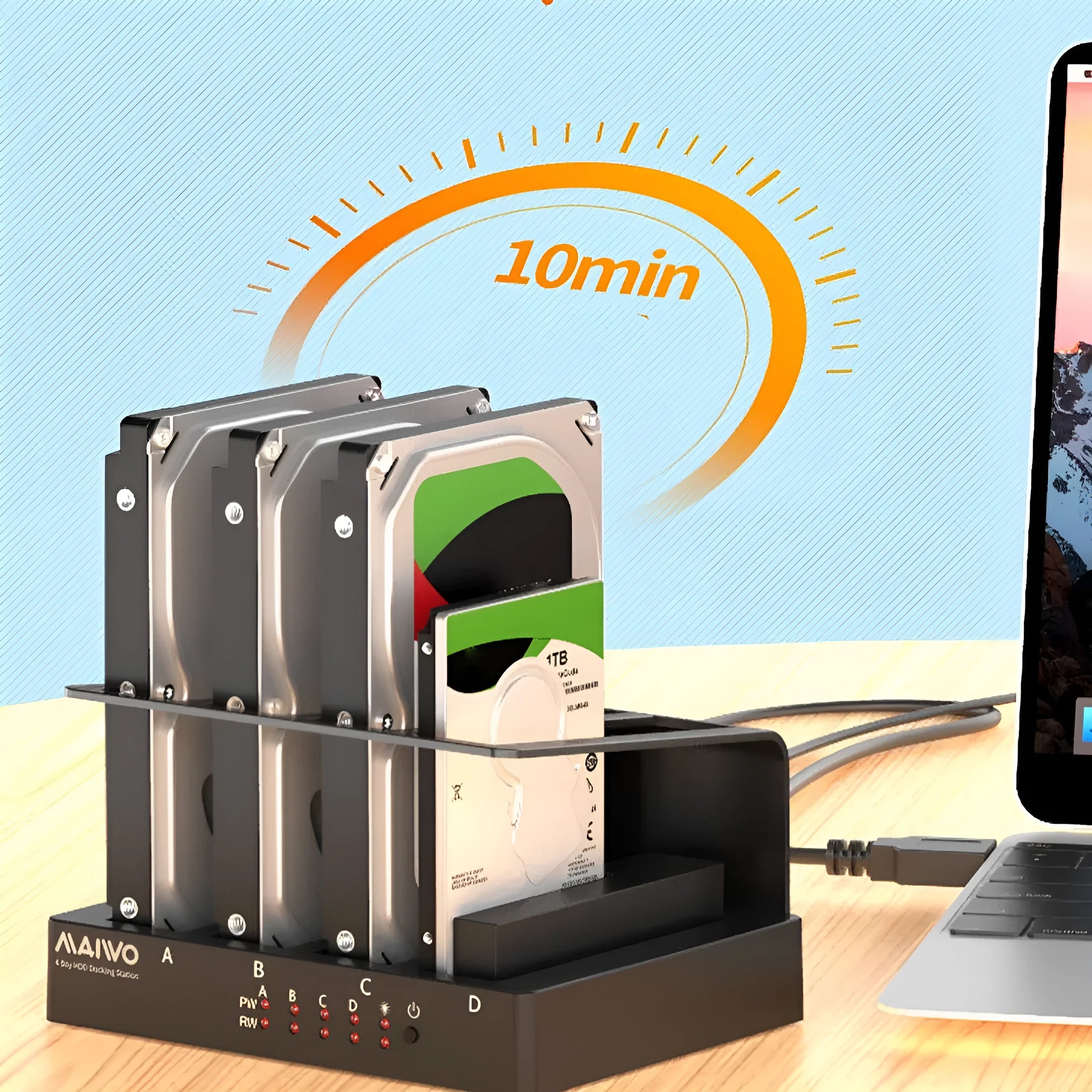 Four-bay external hard drive enclosure for 2.5-inch drives with cables and brackets