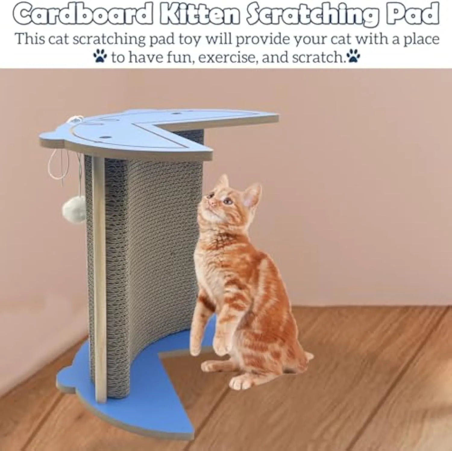 Triangular corner cat scratching pad with hanging ball toy against wall