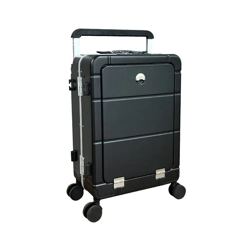 Front opening 20-inch hard shell suitcase in silver showing dry wet separation compartment and cup holder.