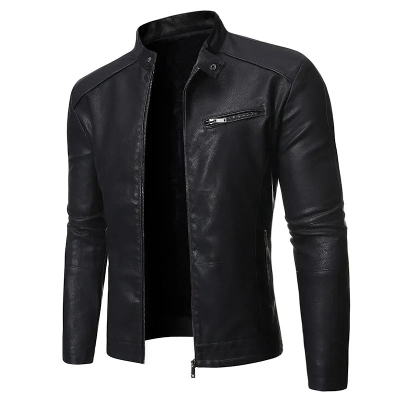 Men's cowhide motorcycle leather jacket in black plain style with pocket decoration