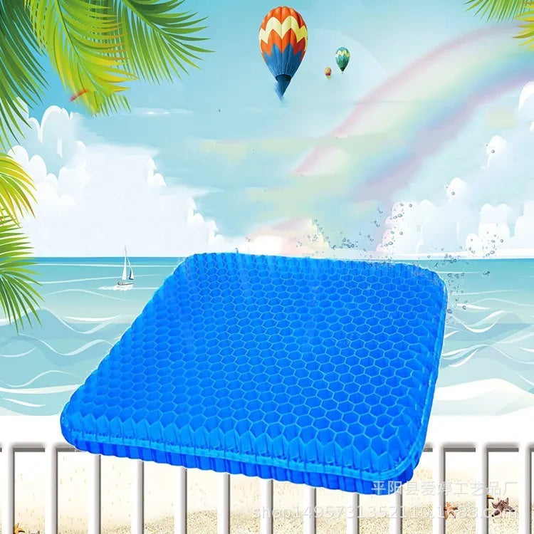 Gel seat cushion with honeycomb pattern and removable blue PVC cover for pressure relief.