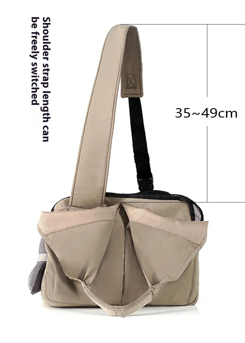 Apricot cloth pet carrier handbag showing 41 cm length and carry handle