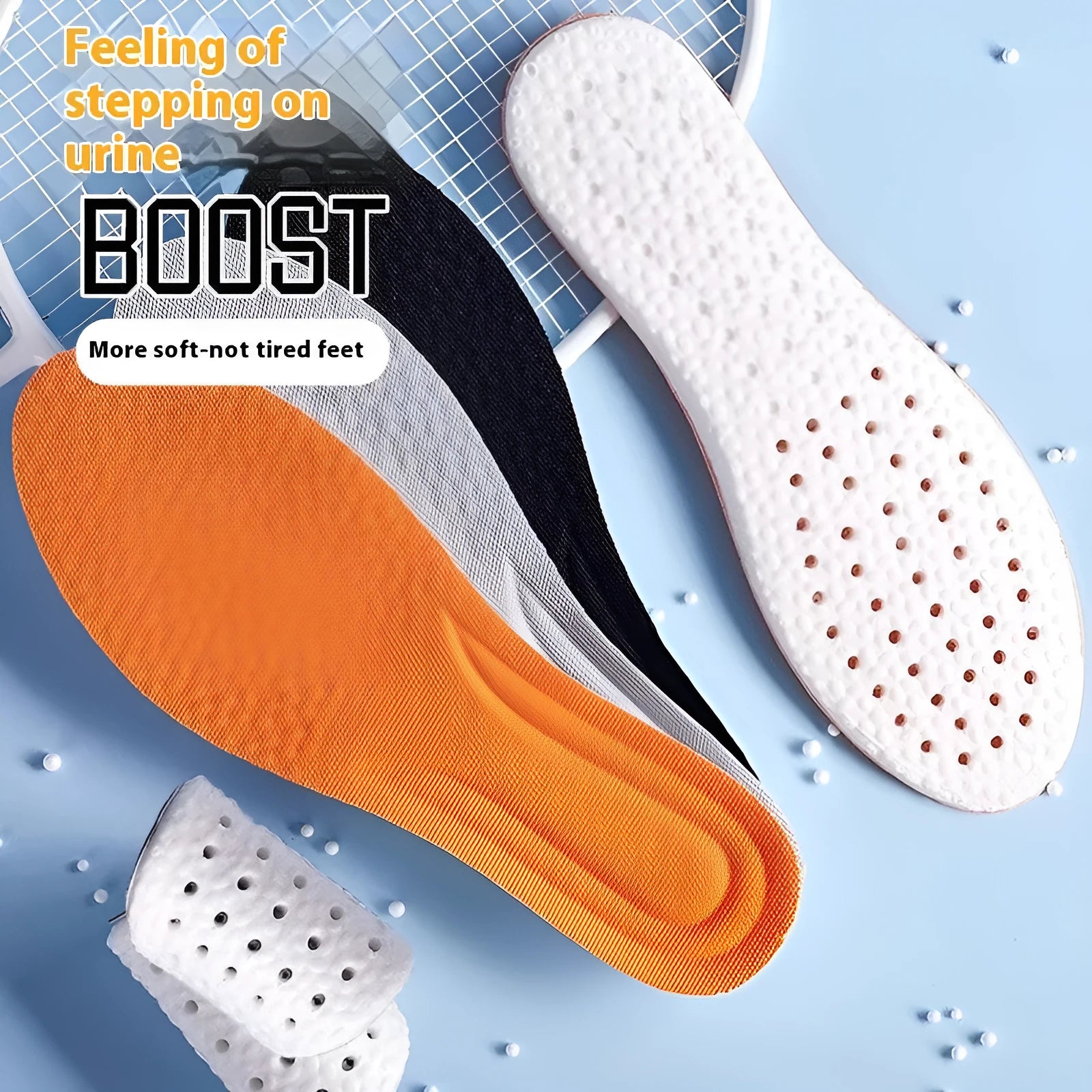 Breathable PU sports insoles in black, grey and orange with trim-to-fit edges for sizes 35-46