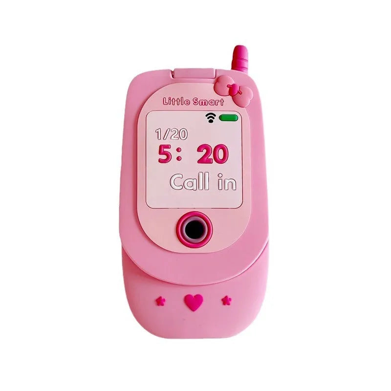 Light pink silicone flip phone shape mirror case for iPhone showing built-in mirror and nostalgic design