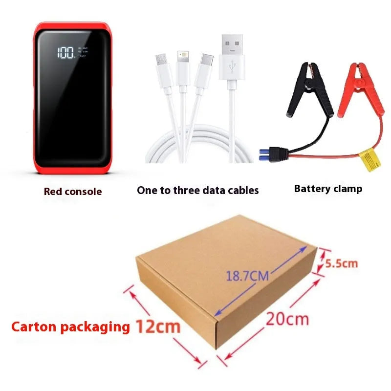 TM48 1200A car jump starter with battery clips, LED light, and USB port on a dark background