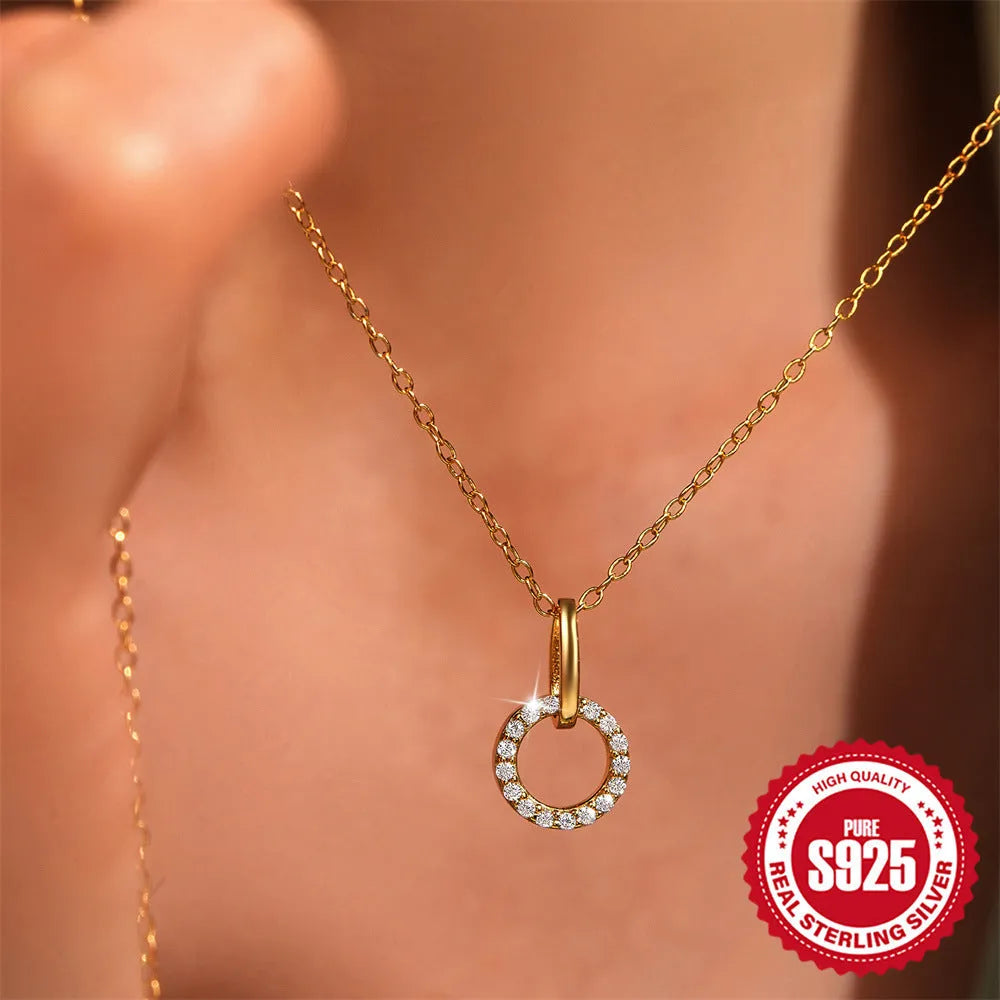 S925 sterling silver clavicle chain necklace with gold colour finish and micro zircon details