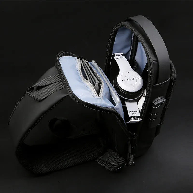 PU leather motorcycle chest bag in black with zipper and password lock