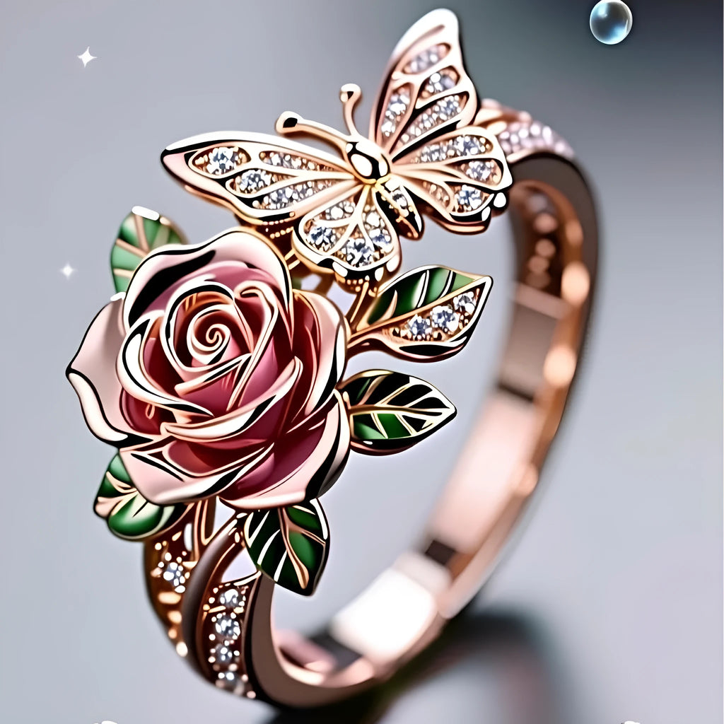 Close-up of an adjustable fairy style ring with a colourful oil-drip butterfly, rose, and leaf design in alloy.