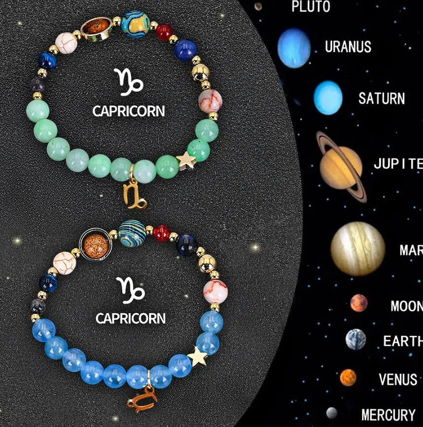 Set of twelve natural stone beaded bracelets with zodiac symbols on adjustable cords.