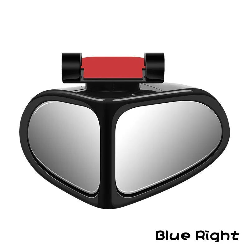 Adjustable wide-angle car reversing mirror in black, shown with adhesive backing.