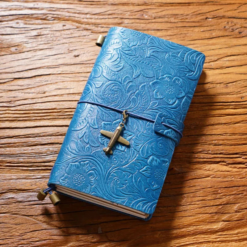 Creative vintage engraving cowhide travel notepad in black A5 size with genuine leather cover