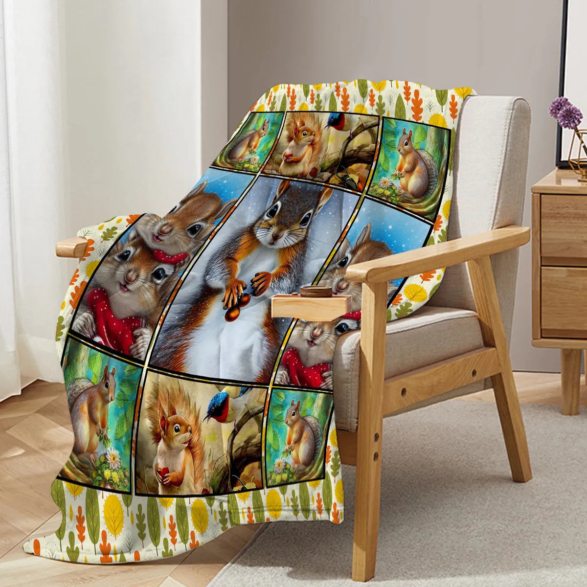 Yellow flannel blanket with white bellied squirrel print, 130x150cm, laid on a white background