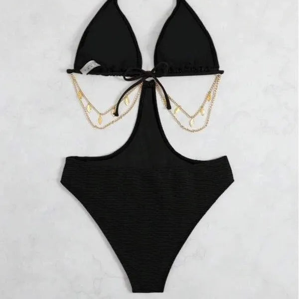 Women's black polyester bikini swimsuit with chain detail, sleeveless design