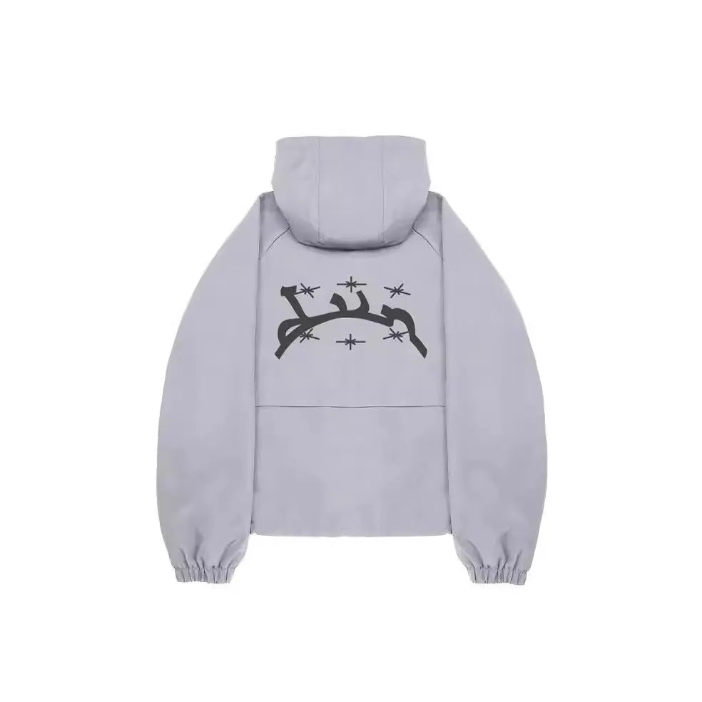 Grey loose fit men's hooded sunscreen jacket hanging, showing front design and hood.