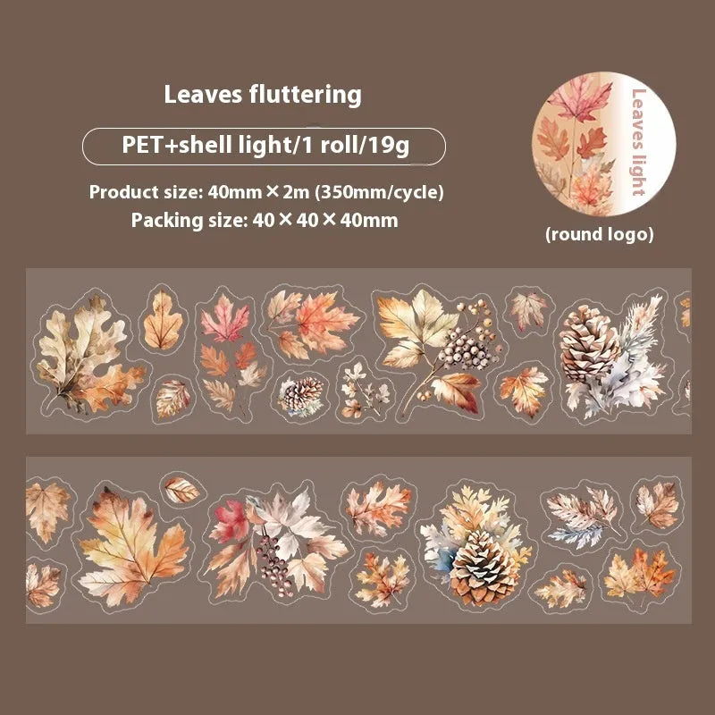Deciduous Poetry Series PET decorative sticker roll showing six autumn leaf colour designs on 40mm wide material