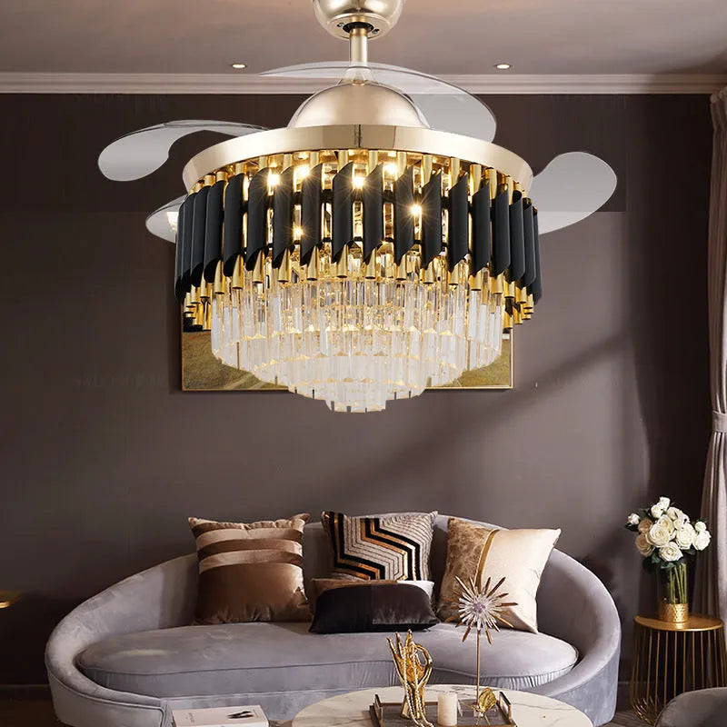 Remote control crystal ceiling fan light unit shown in 42-inch and 48-inch size options.
