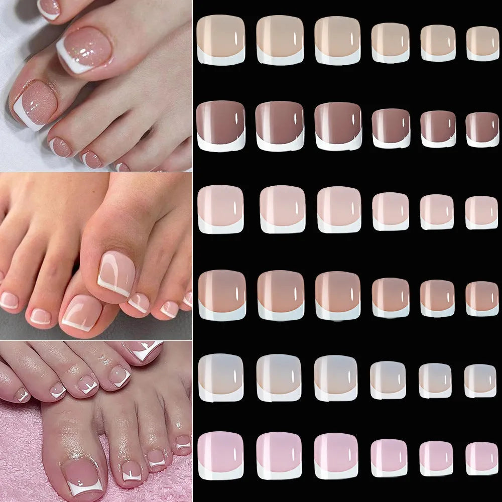 120 French white edge full square short nude nail pieces in a box, showing multiple shades.