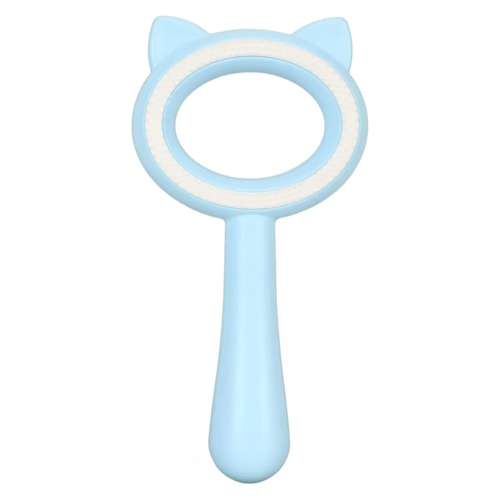 Blue and white double-sided pet grooming brush with deshedding teeth and massage comb on opposite sides