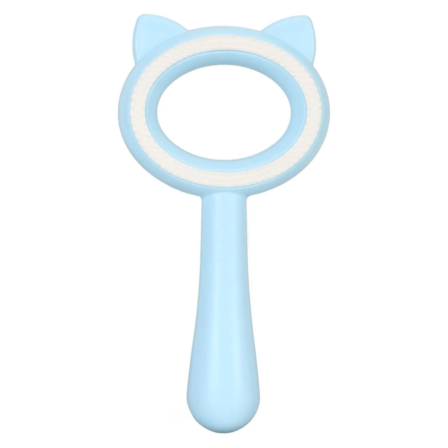 Blue and white double-sided pet grooming brush with deshedding teeth and massage comb on opposite sides