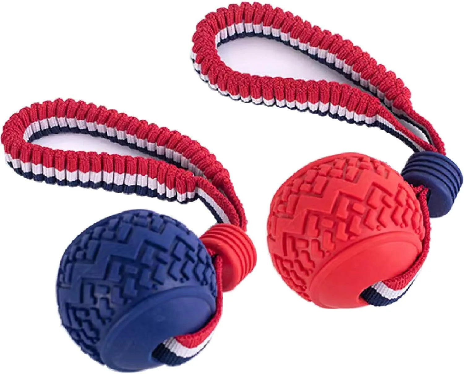 Blue or red natural rubber dog ball on rope toy measuring 29cm total length with 6.5cm diameter ball