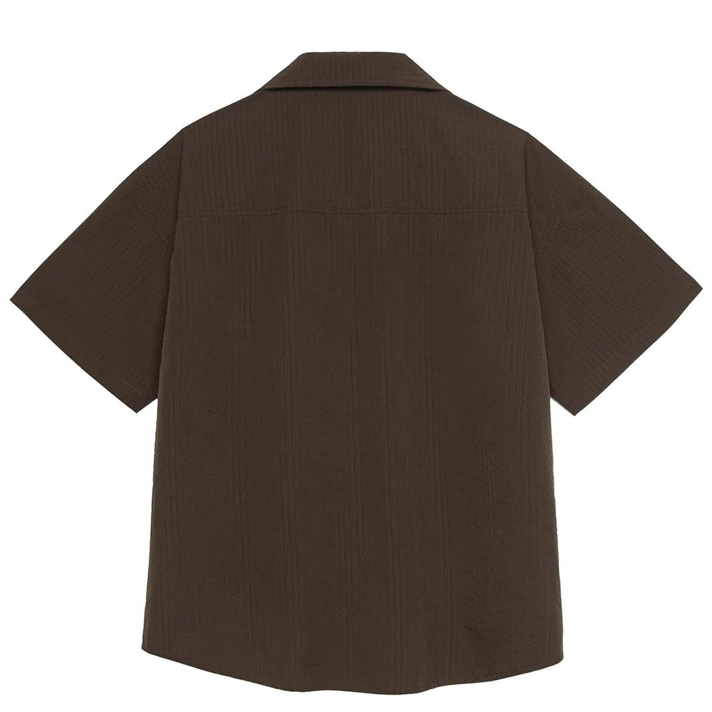 Brown striped quick-drying outdoor shirt with Cuban collar and short sleeves