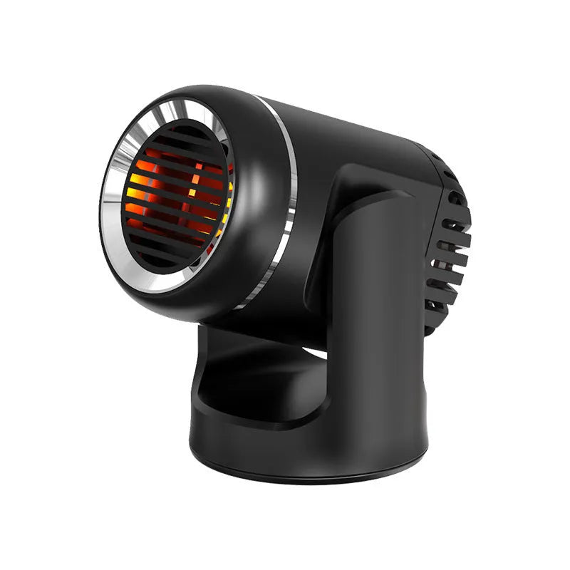 Black and white 12V car heater with defrost function measuring 14x12x8cm