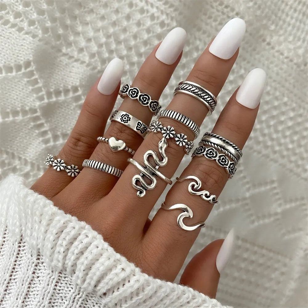 Women's alloy retro ring set with butterfly and snake motifs, open ring design, geometric shapes