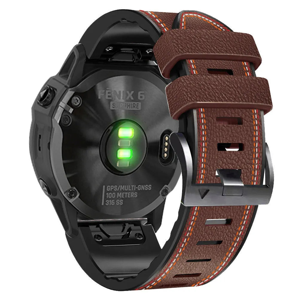 Silicone and leather quick-release watchband for Garmin Fenix smartwatch in black, showing 22mm width.