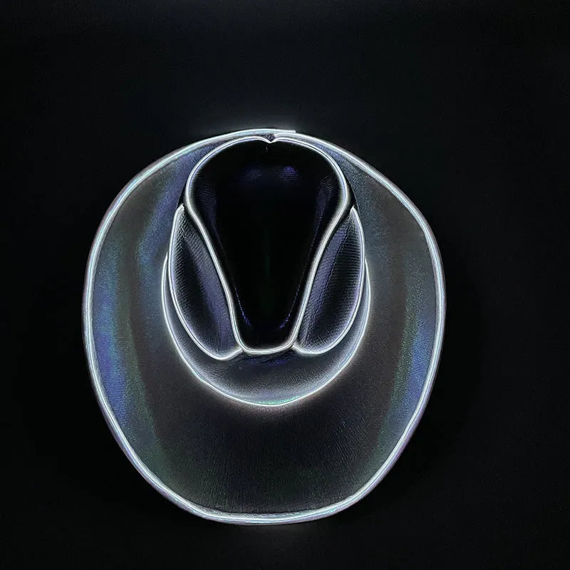 LED wireless fluorescent cowboy flashing hat in green, front view, EVA and EL wire construction, average size