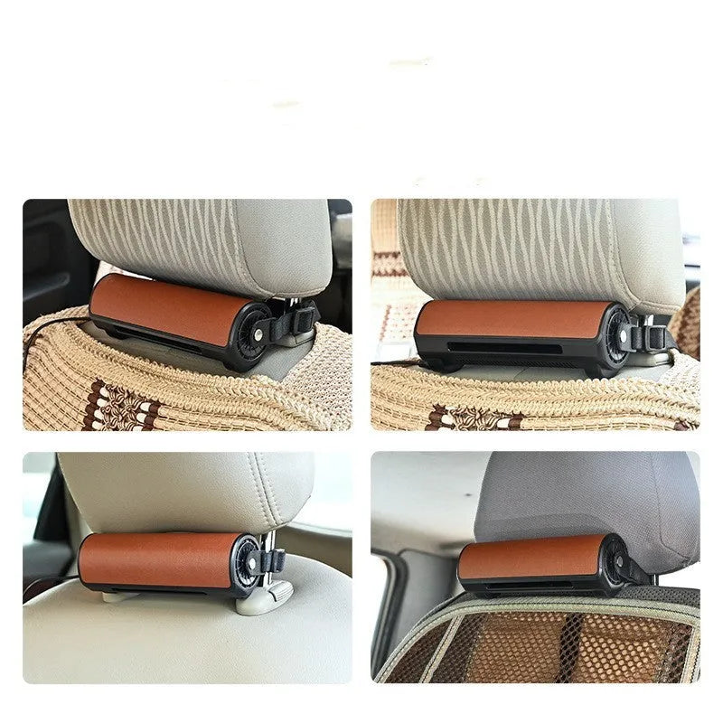 Compact black bladeless car fan with USB cable and 3-speed control buttons