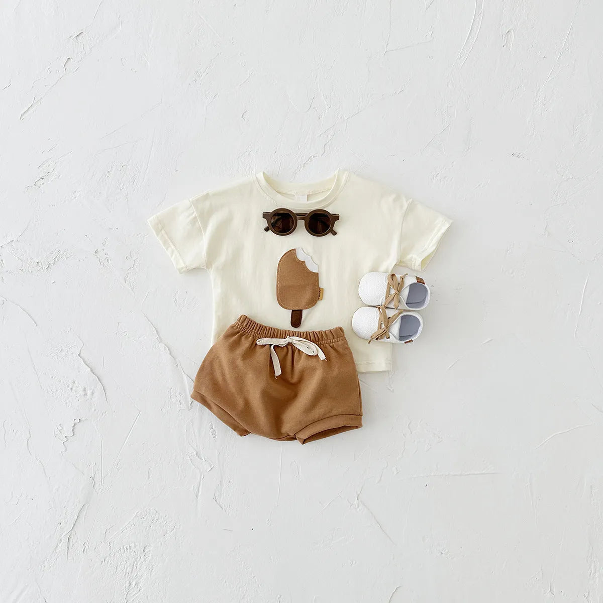 Girls' cotton casual round neck ice cream patch short sleeve shorts suit in Olive, Apricot, and White for summer