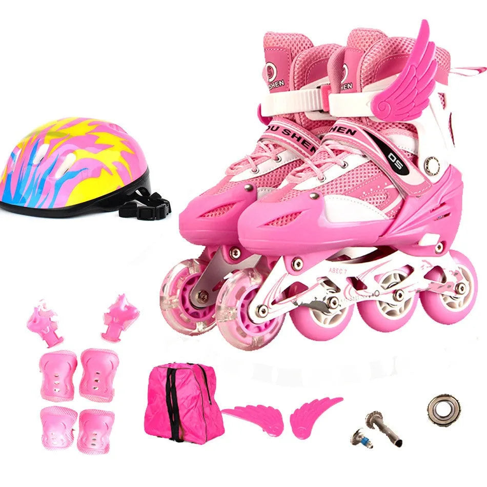 Adjustable children's roller skates with PU foam wheels and aluminium frame, including protective gear set and helmet