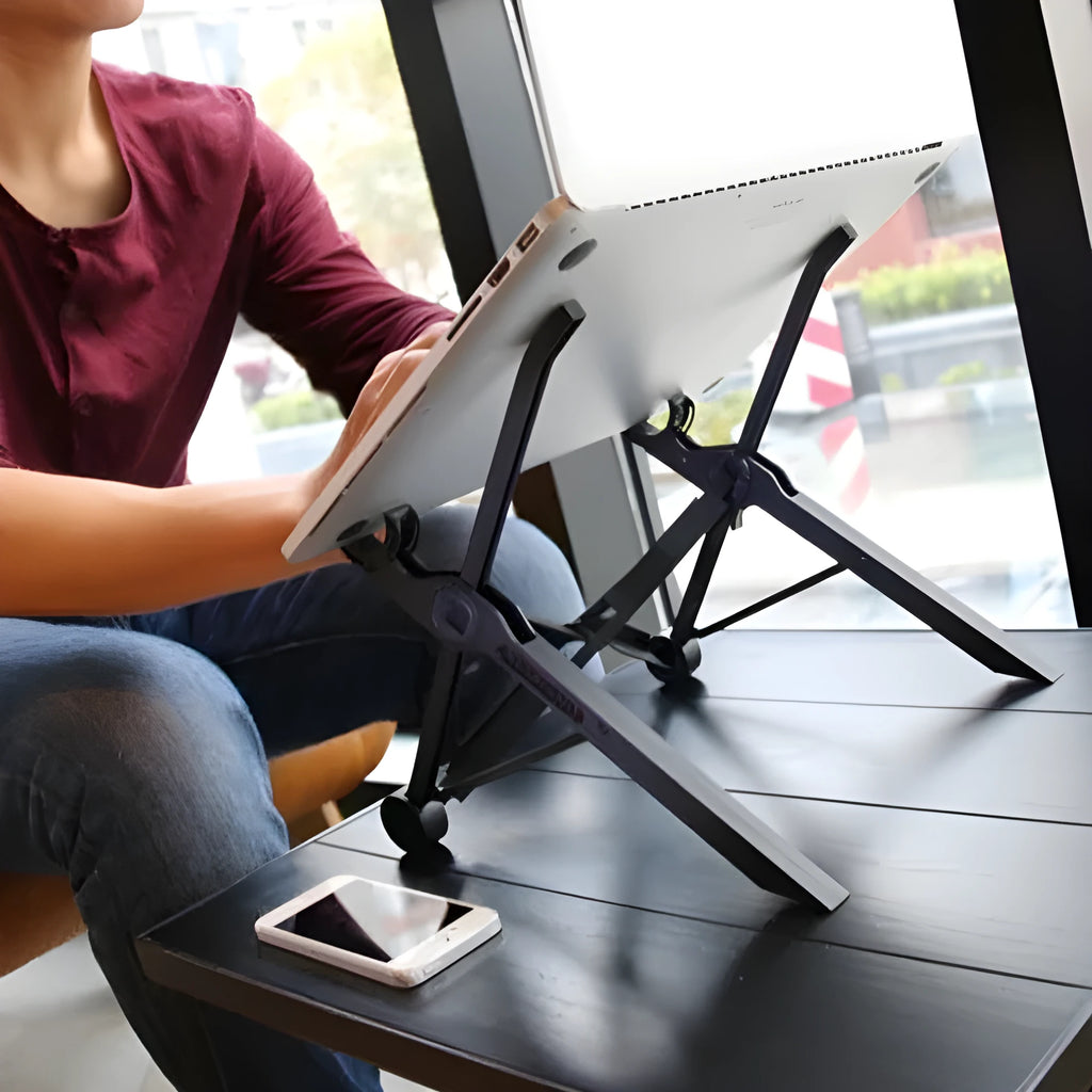 Sagacious black portable folding computer bracket with one-touch lifting mechanism and carrying case