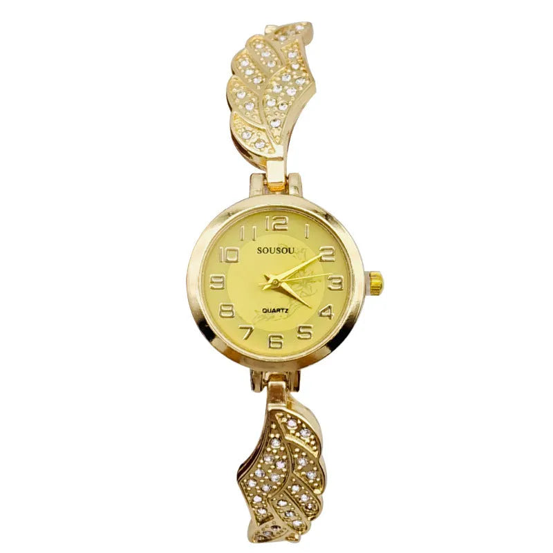 Women's stainless steel watch with round dial showing gold face colour option