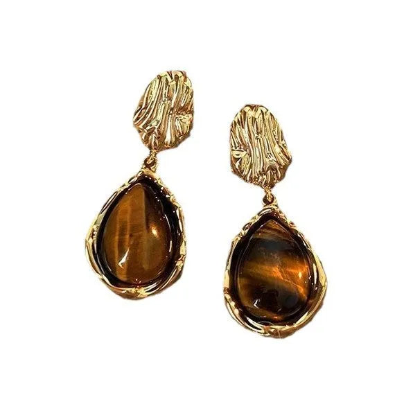 Handmade alloy earrings set showing three geometric designs: irregular amber, wafer disc and water drop tigereye styles