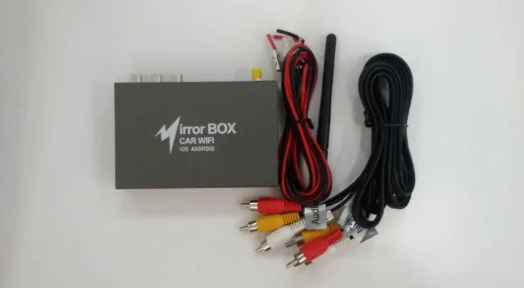 Black Car Mirror Link Box Wi-Fi converter with power cable, AV cable, antenna, and user manual.