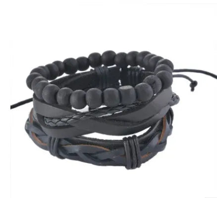 Handmade adjustable leather bracelet with wooden beads and multi-layer wrap design