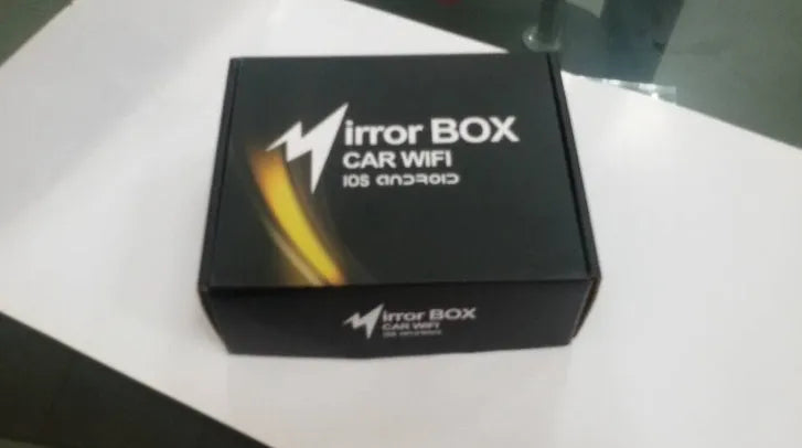 Black Car Mirror Link Box Wi-Fi converter with power cable, AV cable, antenna, and user manual.