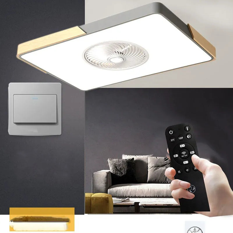 Nordic ceiling fan with integrated light fixture showing solid wood construction and PVC lampshade
