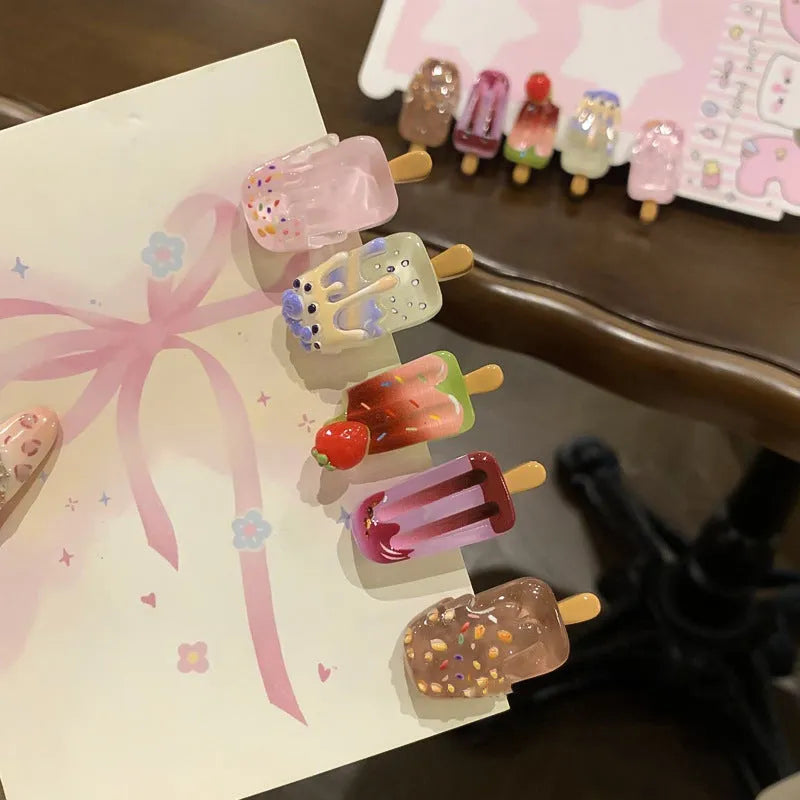 Resin hair barrettes with cartoon ice cream designs in five colours