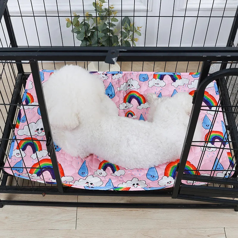 Reusable waterproof pet training pad in animal print design on a wooden floor.