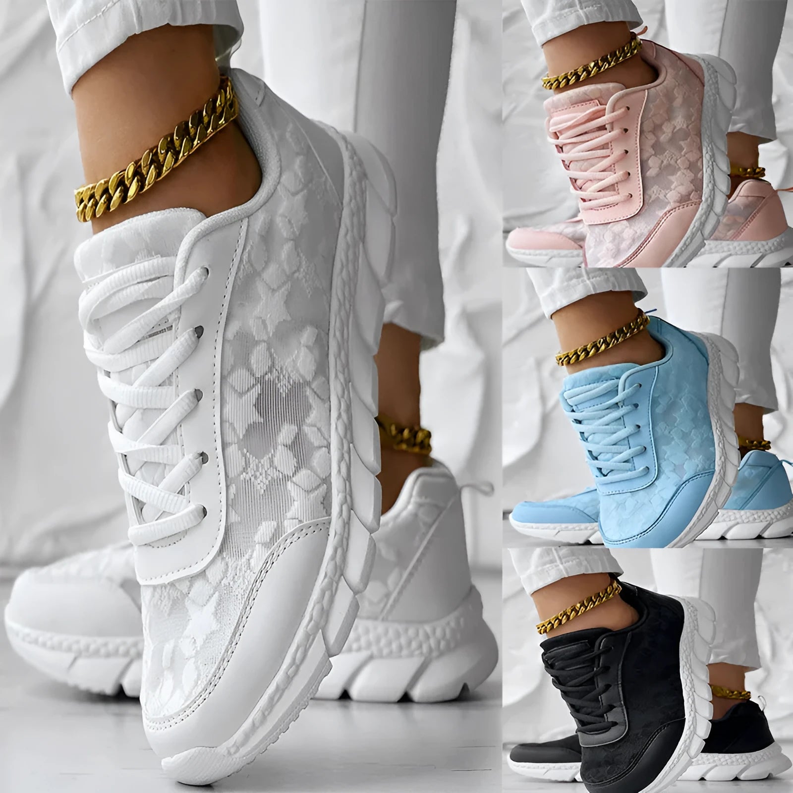 Women's white canvas running shoes with flat heel and round toe, showing sports style and lace-up design