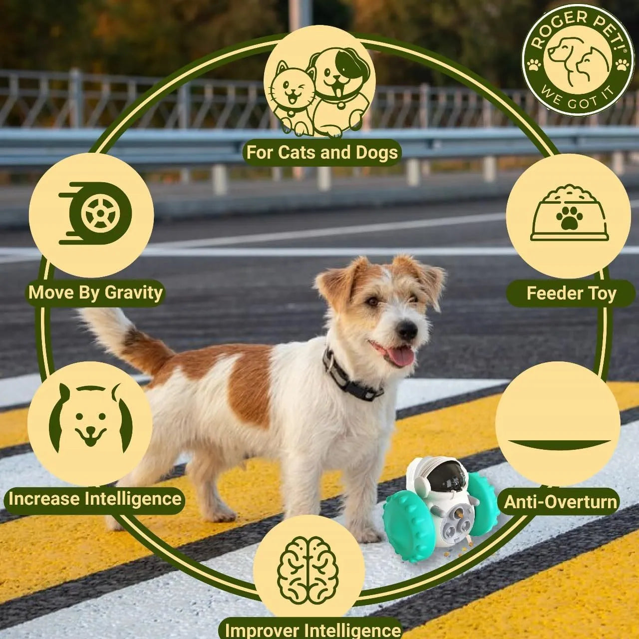 Robot design tumbler treat dispenser toy for small dogs and cats on floor