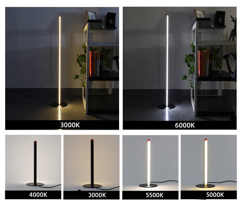 Vertical aluminium alloy floor lamp with a simple modern design, shown in a living room setting.