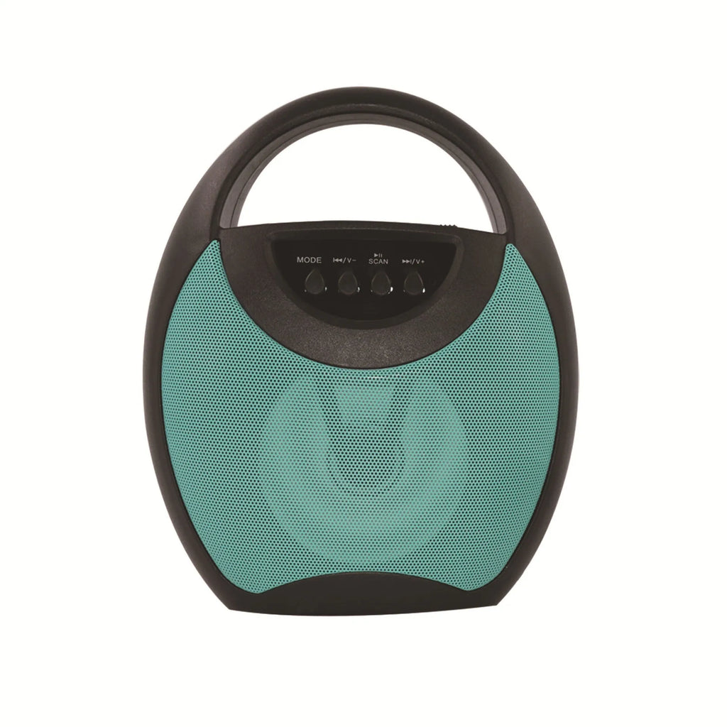 Portable Bluetooth speaker with plastic casing shown in black, blue and pink colour options