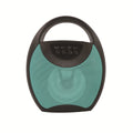 Portable Bluetooth speaker with plastic casing shown in black, blue and pink colour options