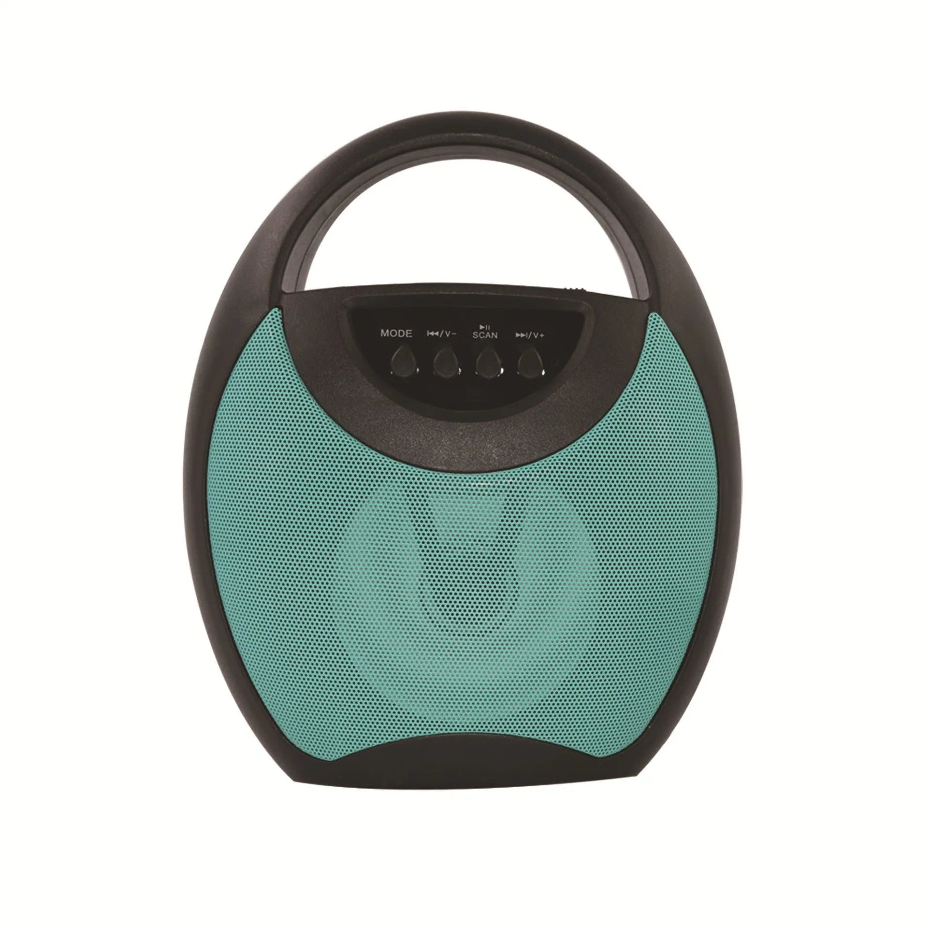 Portable Bluetooth speaker with plastic casing shown in black, blue and pink colour options